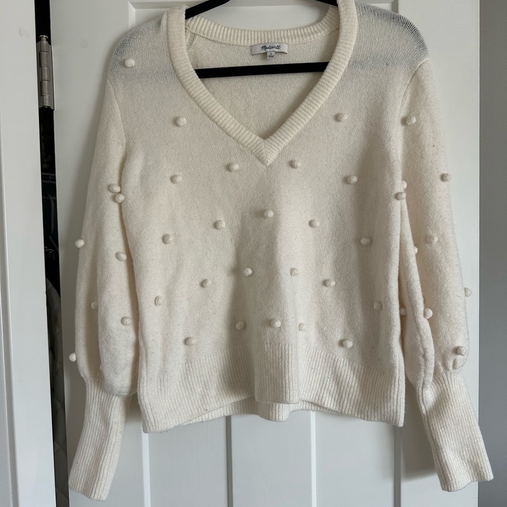 Madewell Bobble Dashwood V-Neck Sweater in Coziest Yarn Bright Ivory Small